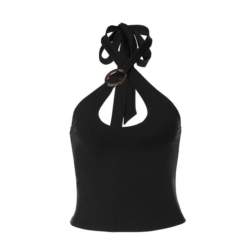 Hollow out halter self tie solid backless cut out top  | Festival Outfits Women