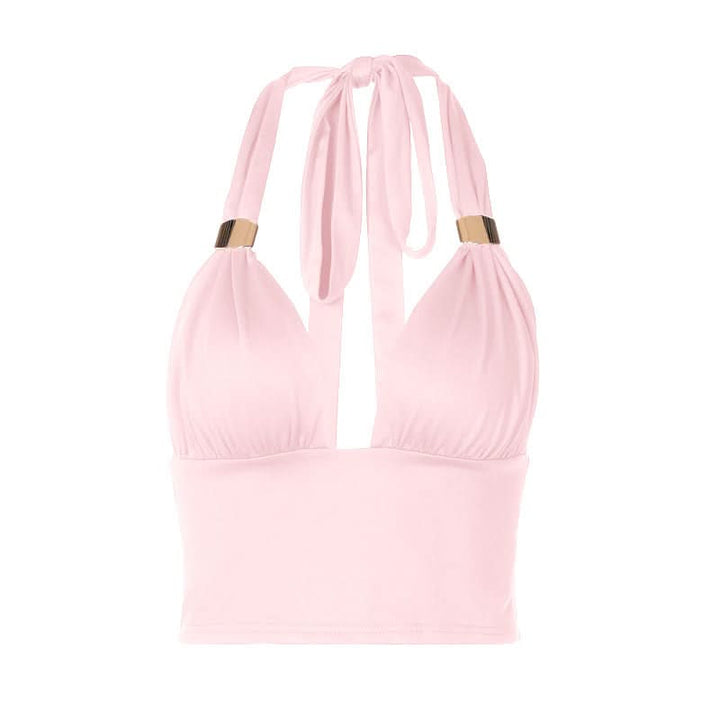 Ruched halter self tie v neck backless top  | Festival Outfits Women-final-sale