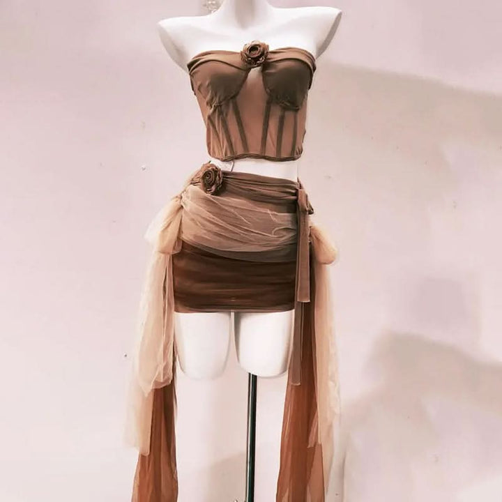 Flower applique ruched mesh knotted mini skirt set  | Festival Outfits Women