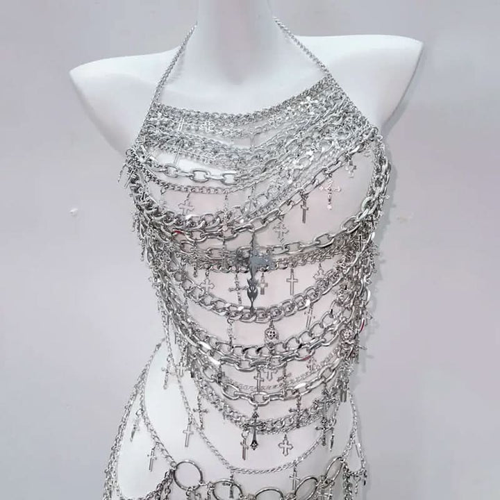 Metal chain cross applique hollow out backless waist chain cut out set  | Festival Outfits Women