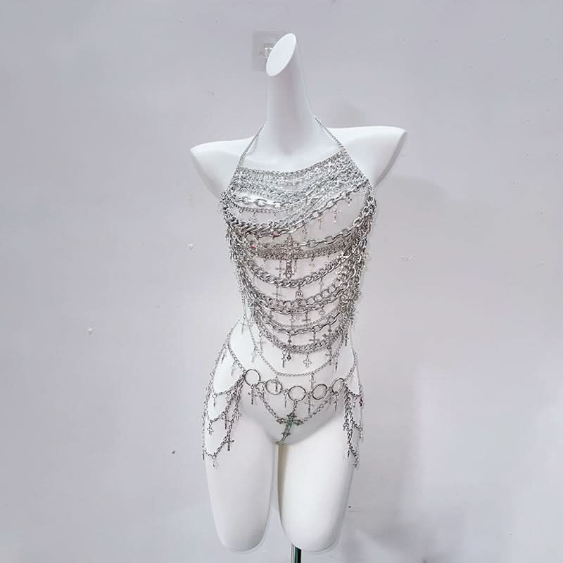 Metal chain cross applique hollow out backless waist chain cut out set  | Festival Outfits Women