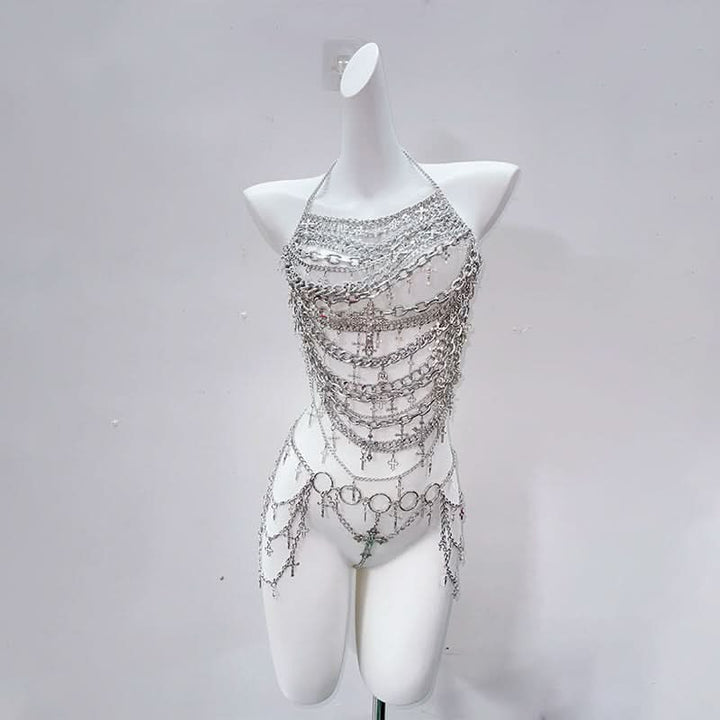 Metal chain cross applique hollow out backless waist chain cut out set  | Festival Outfits Women