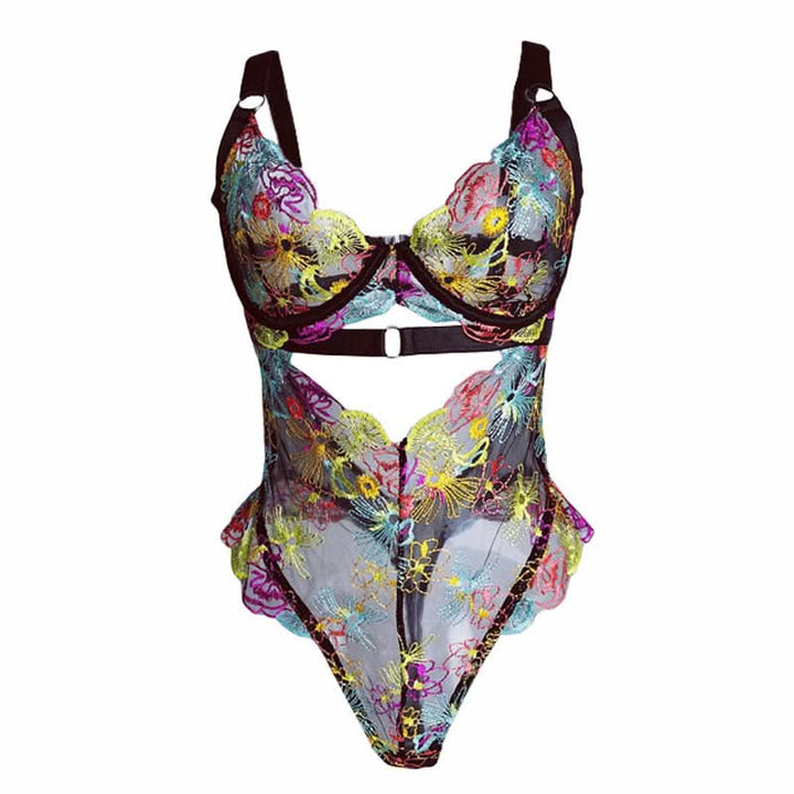 V neck hollow out embroidery cami bodysuit  | Festival Outfits Women