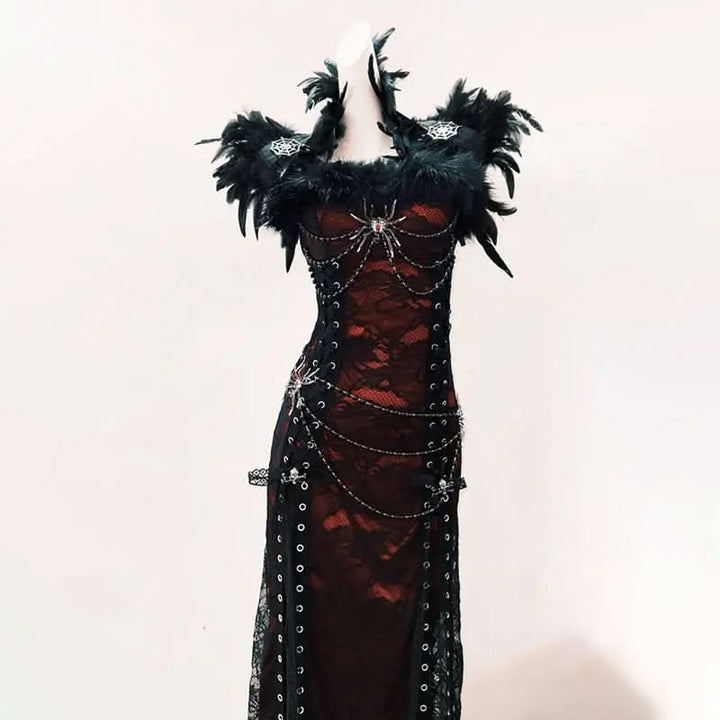 Feather spider applique beaded lace up maxi dress  | Festival Outfits Women