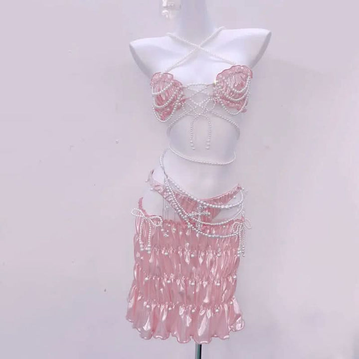 Halter bowknot 3 piece ruffle beaded ruched mini skirt set  | Festival Outfits Women