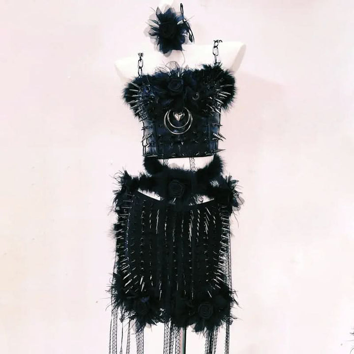 Rivet flower applique PU leather fluffy cami mini skirt set Cargo Mini Skirt  | Festival Outfits Women