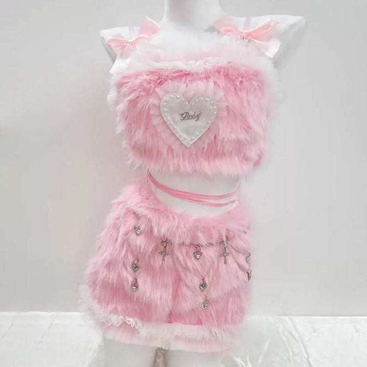 Bowknot fluffy ruffle cami mini skirt set  | Festival Outfits Women