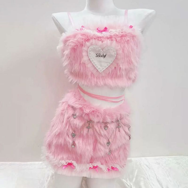Bowknot fluffy ruffle cami mini skirt set  | Festival Outfits Women