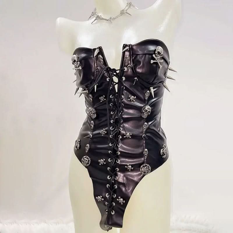 Lace up PU leather skull applique tube bodysuit  | Festival Outfits Women