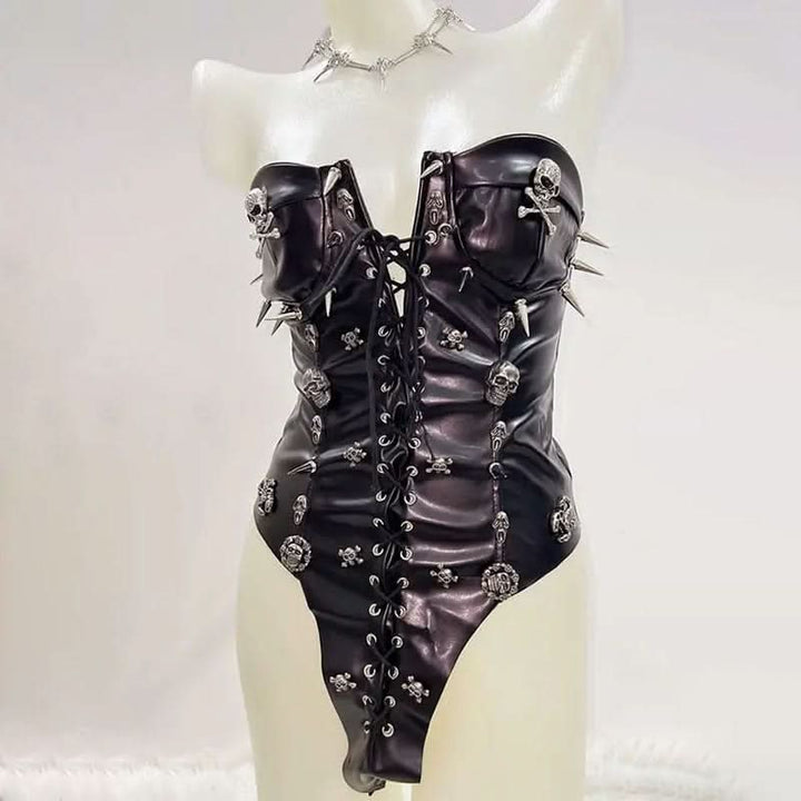 Lace up PU leather skull applique tube bodysuit  | Festival Outfits Women