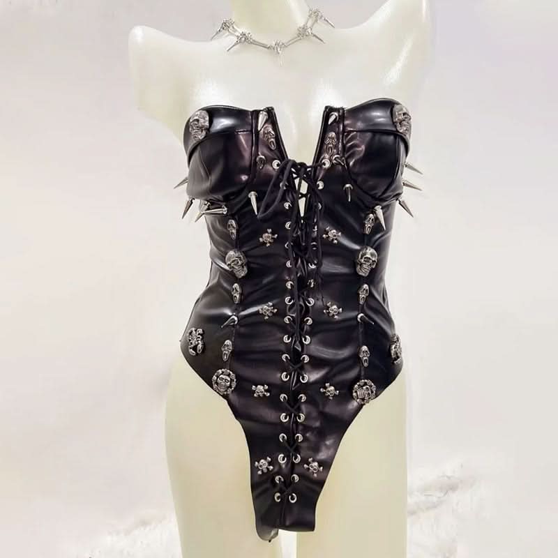Lace up PU leather skull applique tube bodysuit  | Festival Outfits Women