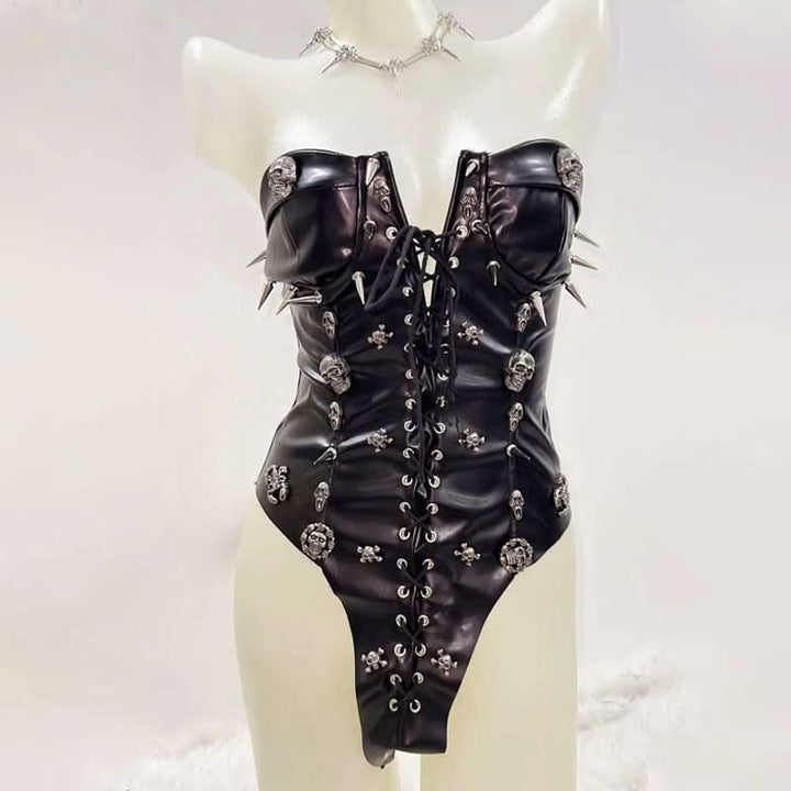 Lace up PU leather skull applique tube bodysuit  | Festival Outfits Women