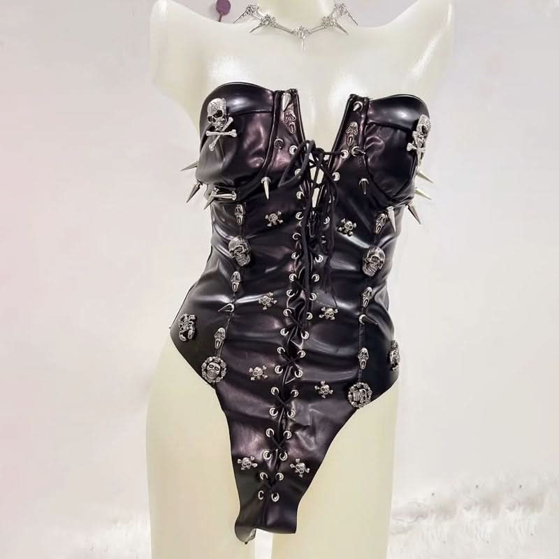 Lace up PU leather skull applique tube bodysuit  | Festival Outfits Women