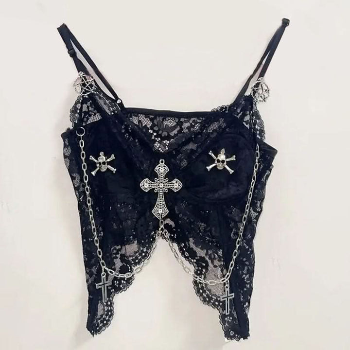 Metal chain lace hem v neck backless cami top  | Festival Outfits Women