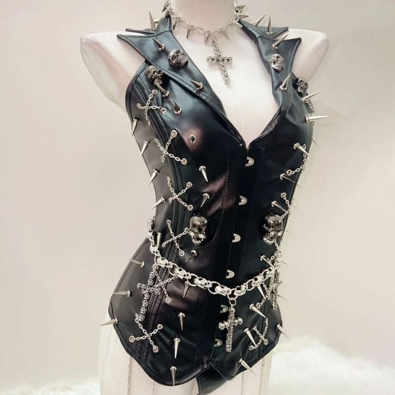 Metal chain PU leather rivet applique top  | Festival Outfits Women