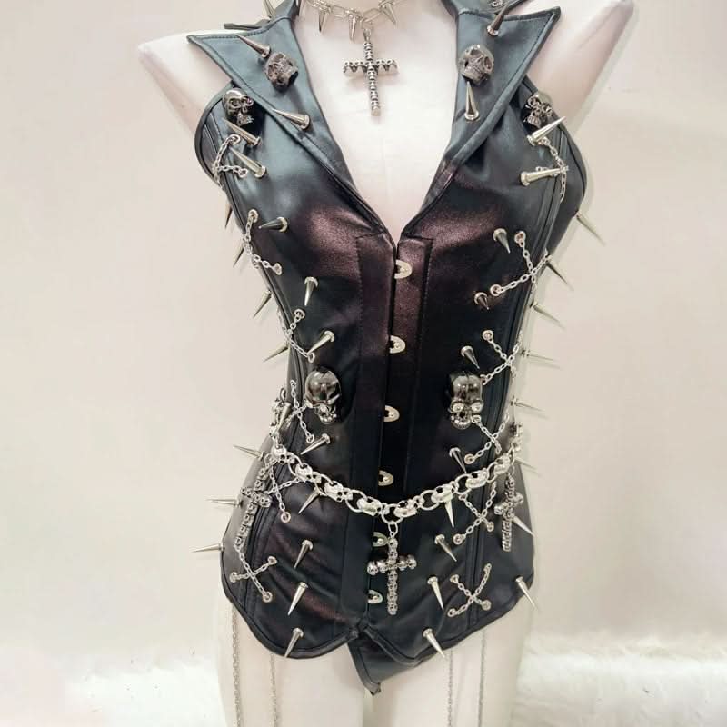 Metal chain PU leather rivet applique top  | Festival Outfits Women