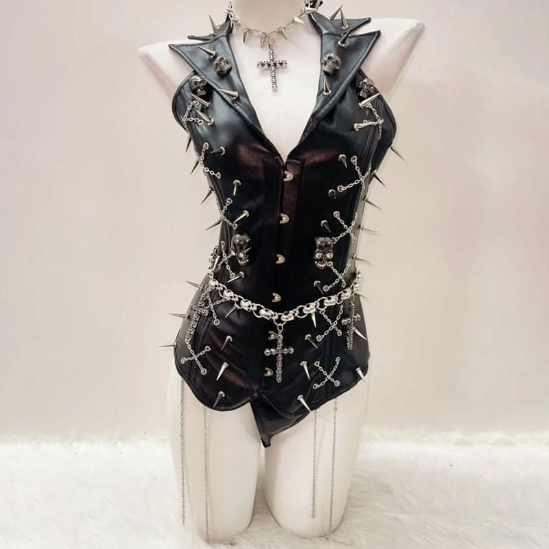 Metal chain PU leather rivet applique top  | Festival Outfits Women