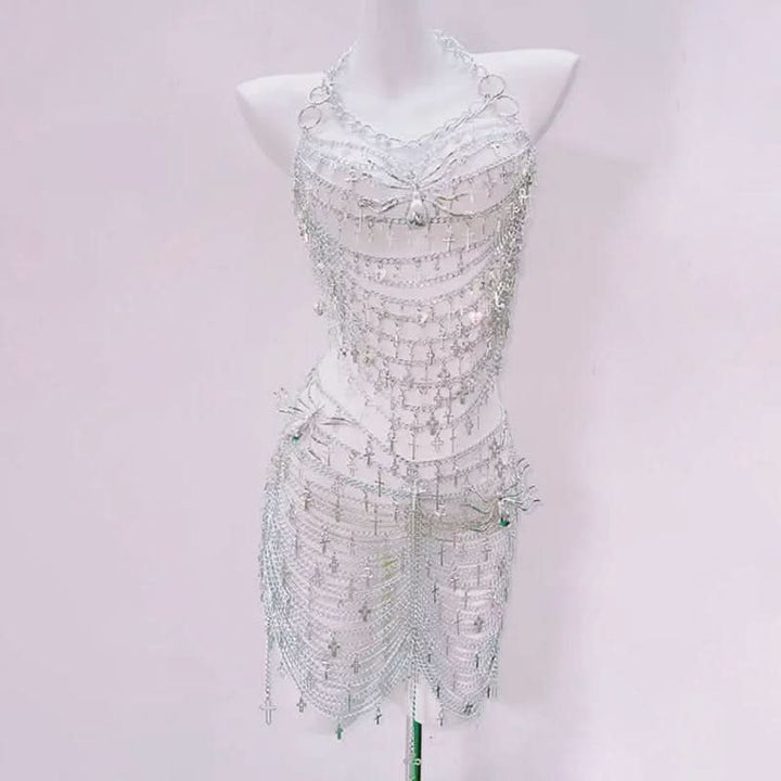 Metal chain hollow out spider applique mini skirt set  | Festival Outfits Women