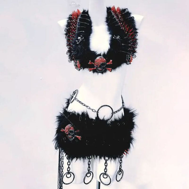 Halter self tie o ring fluffy skull applique mini skirt set  | Festival Outfits Women