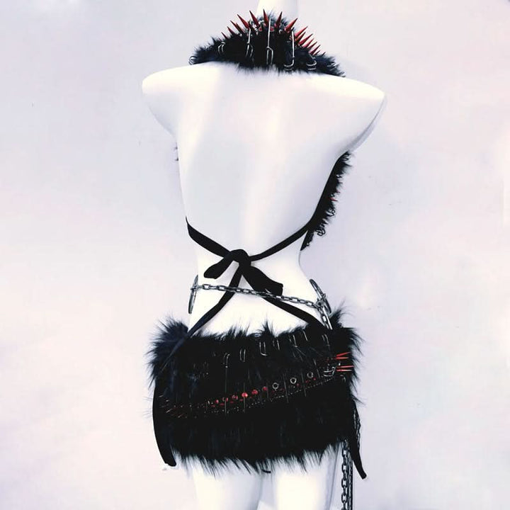 Halter self tie o ring fluffy skull applique mini skirt set  | Festival Outfits Women