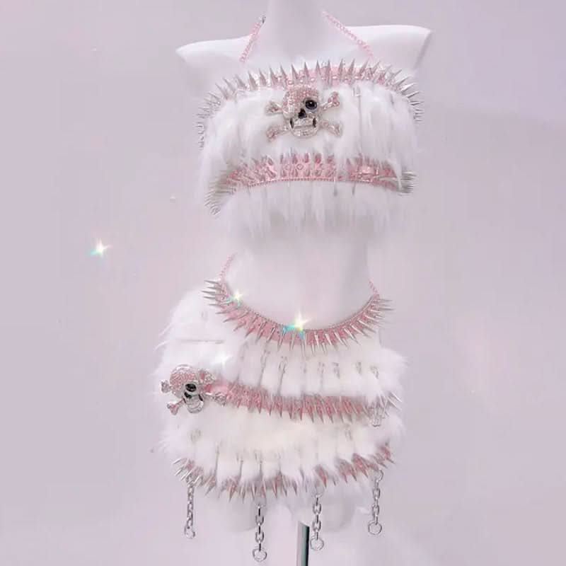 Fluffy skull applique metal chain o ring mini skirt set  | Festival Outfits Women