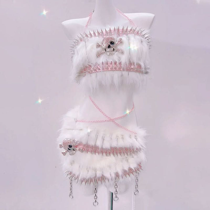Fluffy skull applique metal chain o ring mini skirt set  | Festival Outfits Women