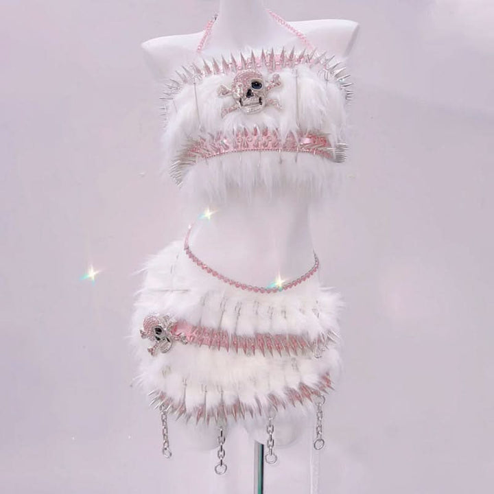Fluffy skull applique metal chain o ring mini skirt set  | Festival Outfits Women