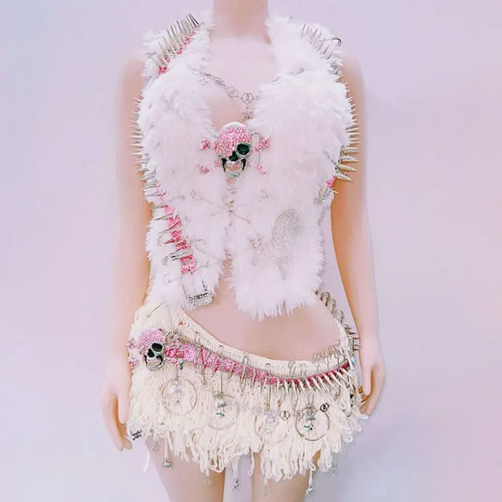 Fluffy rivet halter skull applique self tie mini skirt set  | Festival Outfits Women