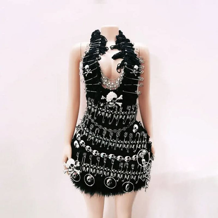 Halter fluffy skull applique backless mini dress  | Festival Outfits Women