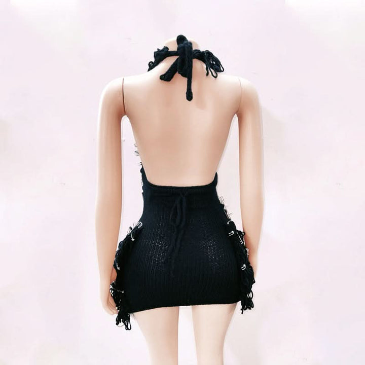 Halter fluffy skull applique backless mini dress  | Festival Outfits Women