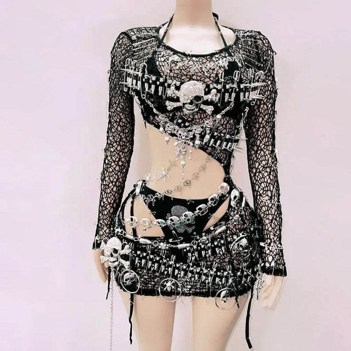 Long sleeve metal chain hollow out skull applique 3 piece dress  | Festival Outfits Women