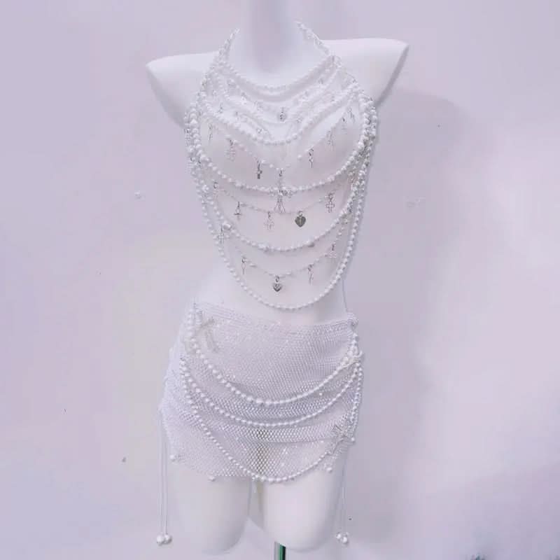 Halter beaded hollow out backless mini skirt set  | Festival Outfits Women