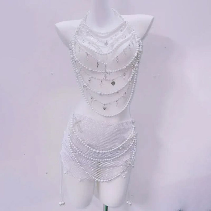 Halter beaded hollow out backless mini skirt set  | Festival Outfits Women
