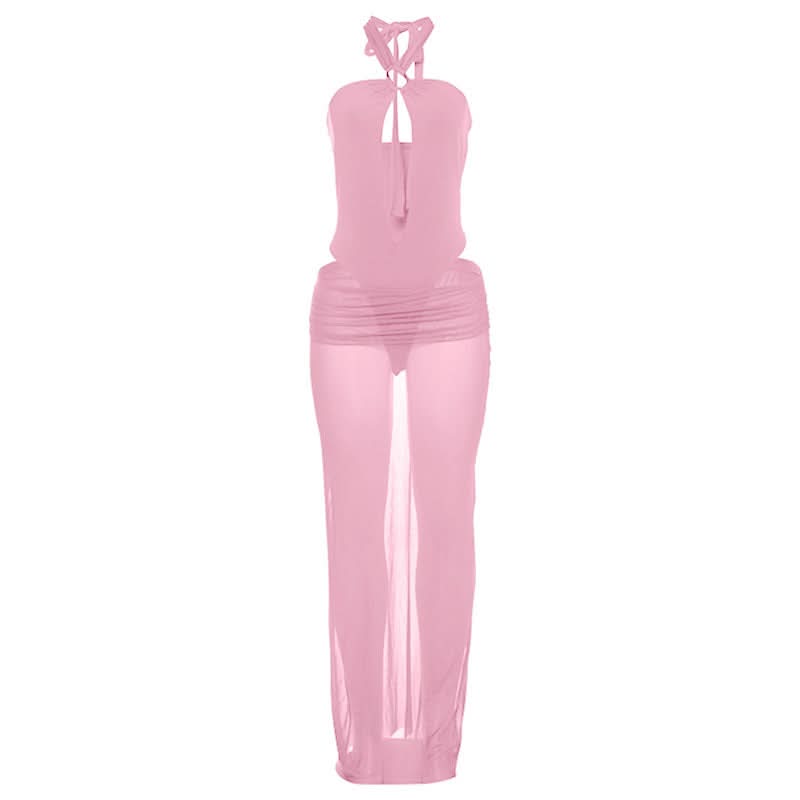 Hollow out button halter ruched maxi skirt set  | Festival Outfits Women