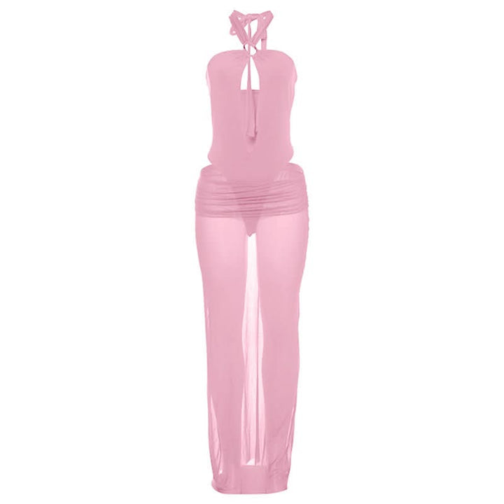 Hollow out button halter ruched maxi skirt set  | Festival Outfits Women