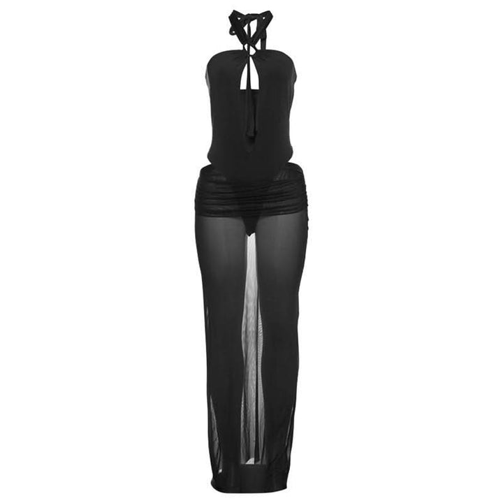 Hollow out button halter ruched maxi skirt set  | Festival Outfits Women