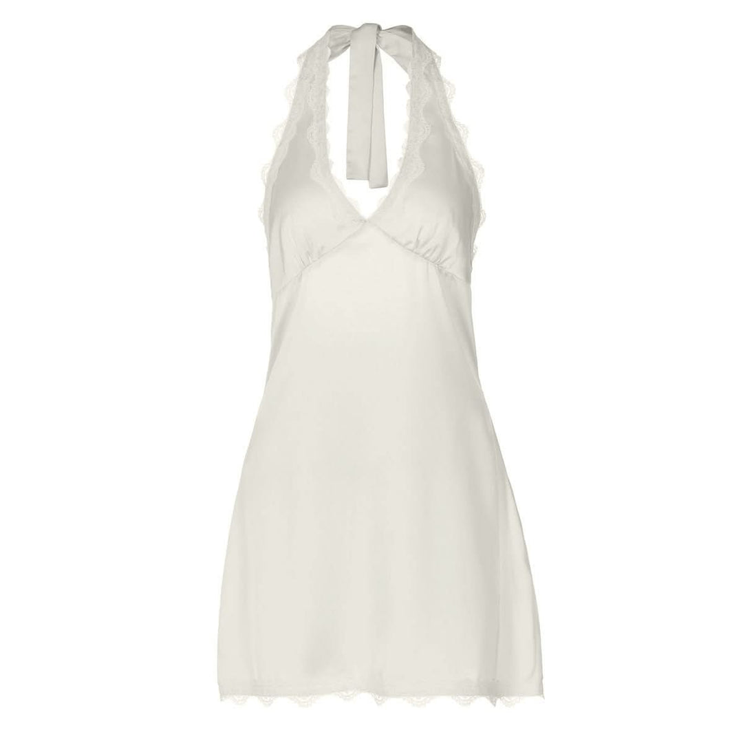 Lace hem v neck halter zip-up self tie mini dress  | Festival Outfits Women
