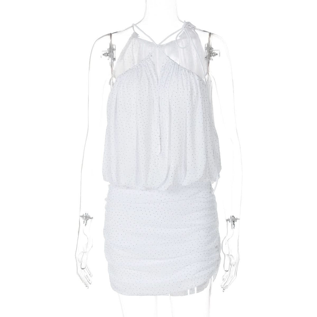 Ruched mesh beaded cross front mini dress  | Festival Outfits Women