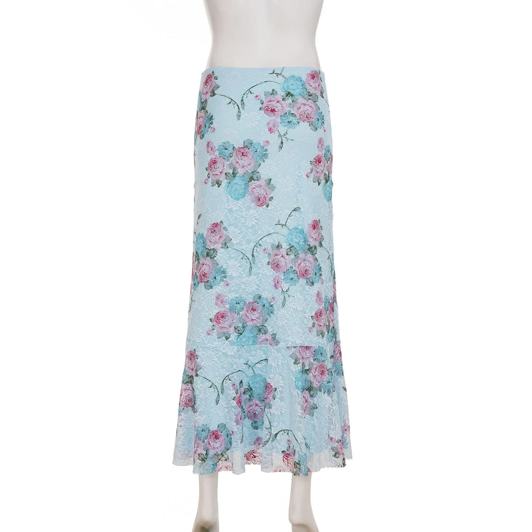 Flower print ruffle lace maxi skirt  | Festival Outfits Women