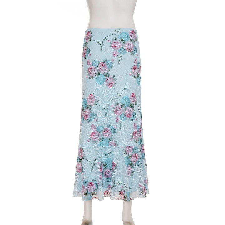 Flower print ruffle lace maxi skirt  | Festival Outfits Women