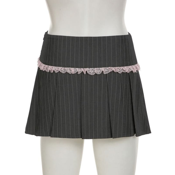 A line pleated lace hem zip-up ribbon mini skirt  | Festival Outfits Women