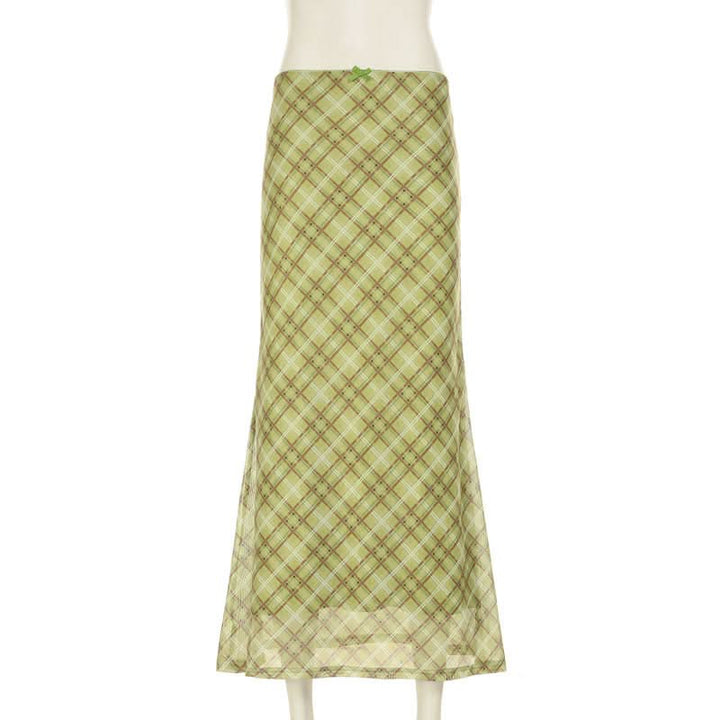 Bowknot plaid mesh contrast midi skirt  | Festival Outfits Women