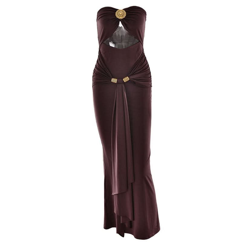 Hollow out ruched slit solid tube cut out maxi dress  | Festival Outfits Women