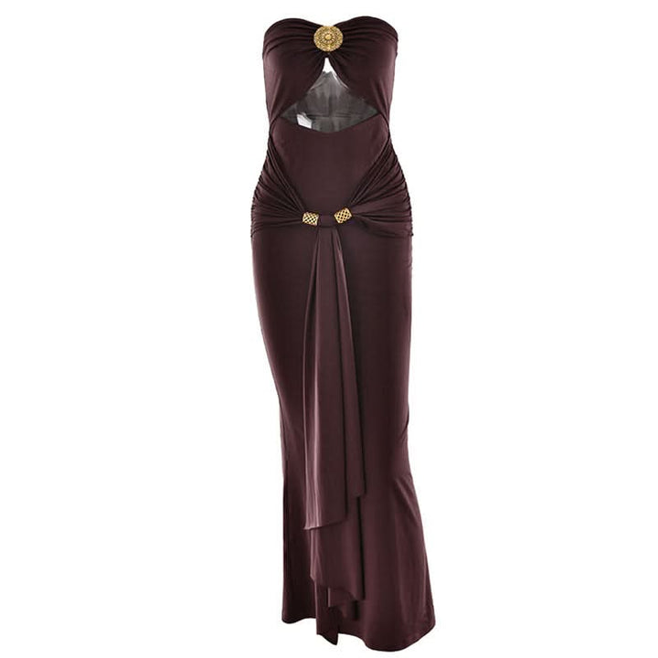 Hollow out ruched slit solid tube cut out maxi dress  | Festival Outfits Women