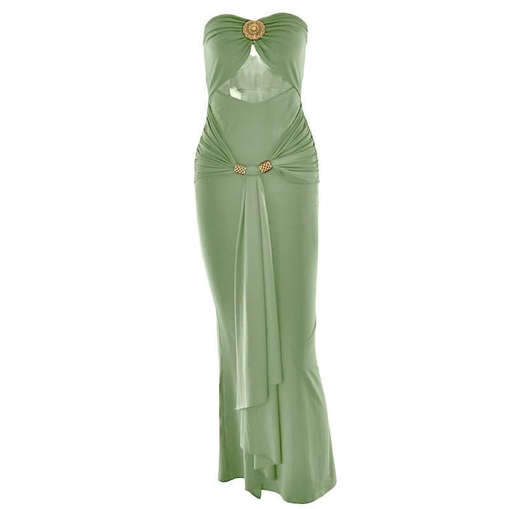 Hollow out ruched slit solid tube cut out maxi dress  | Festival Outfits Women