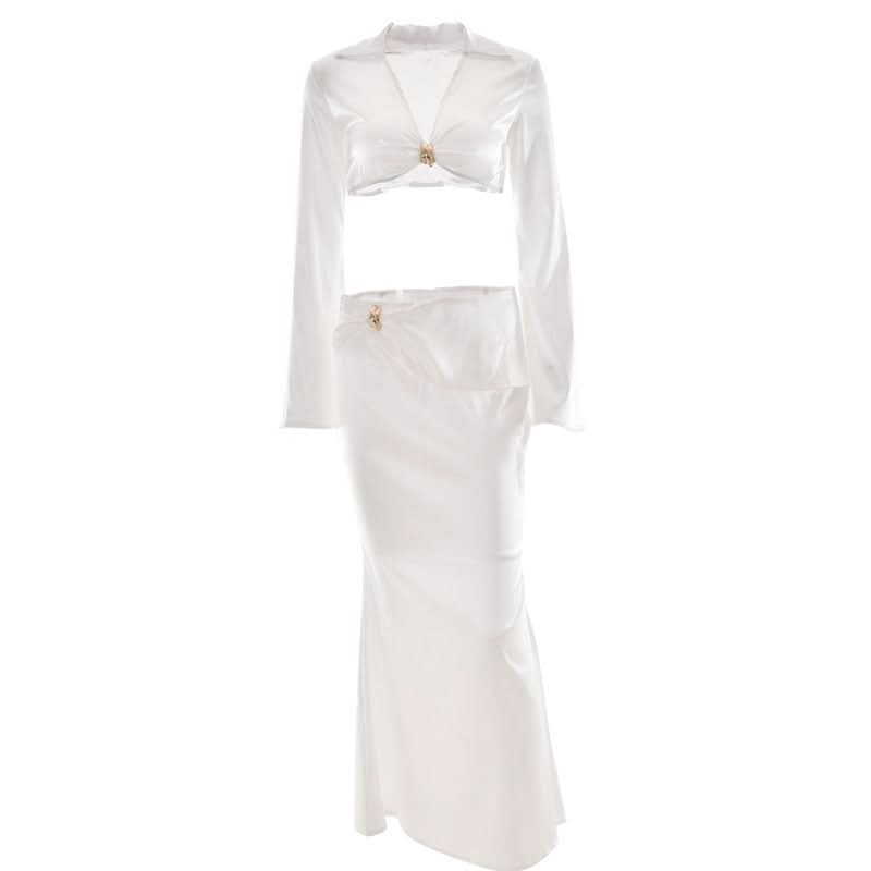 Satin long sleeve v neck maxi skirt set  | Festival Outfits Women