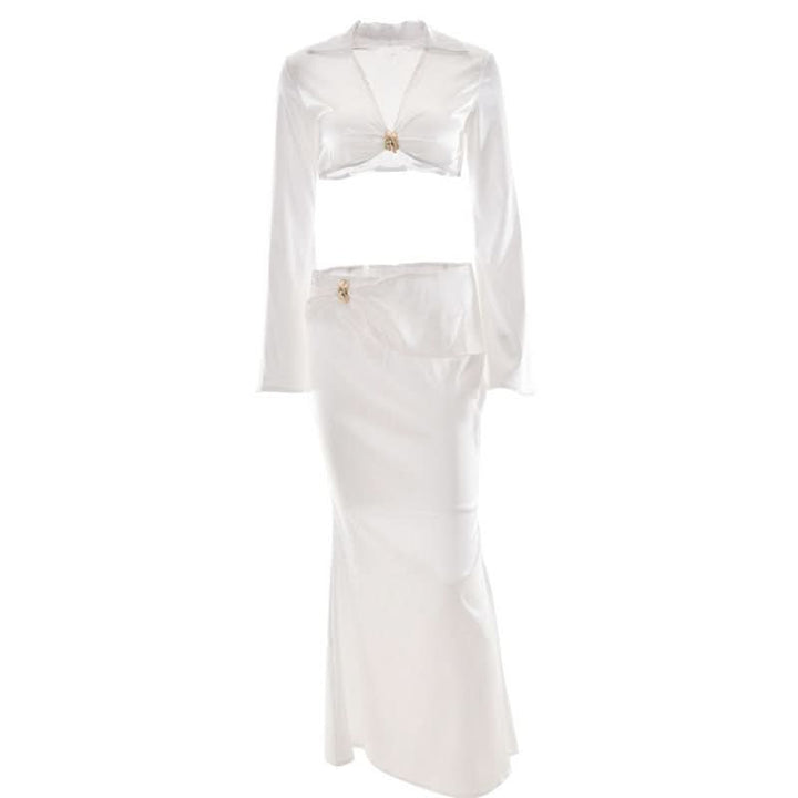 Satin long sleeve v neck maxi skirt set  | Festival Outfits Women