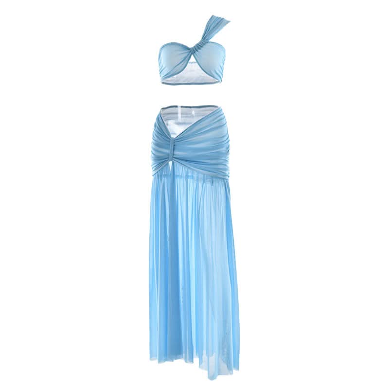 One shoulder ruched slit mesh maxi skirt set  | Festival Outfits Women