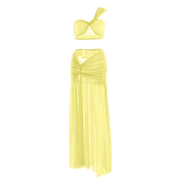 One shoulder ruched slit mesh maxi skirt set  | Festival Outfits Women