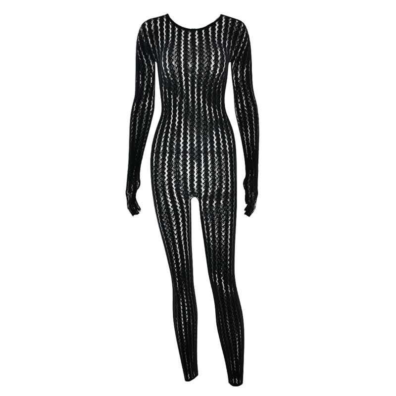 Long sleeve round neck gloves hollow out jumpsuit  | Festival Outfits Women